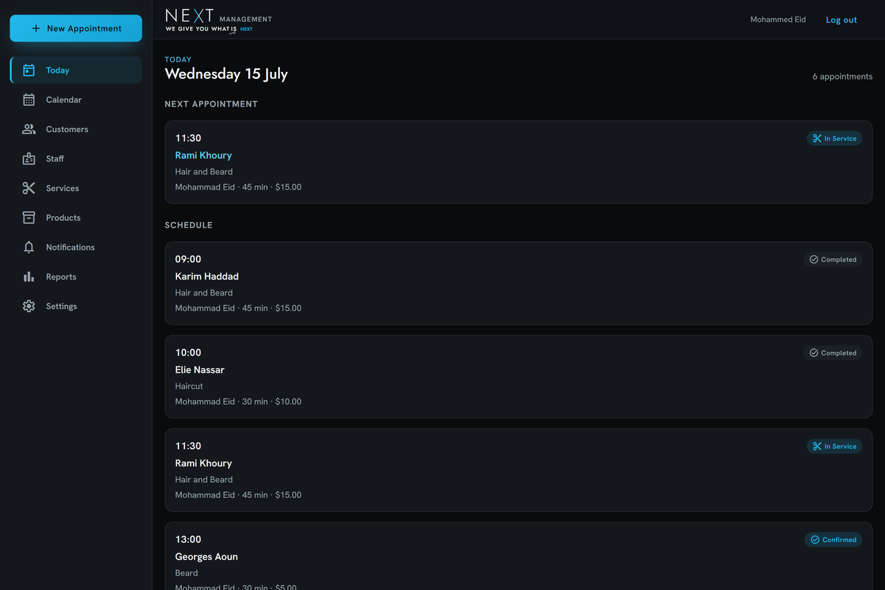 NEXT admin Today view listing the day’s appointments with live statuses