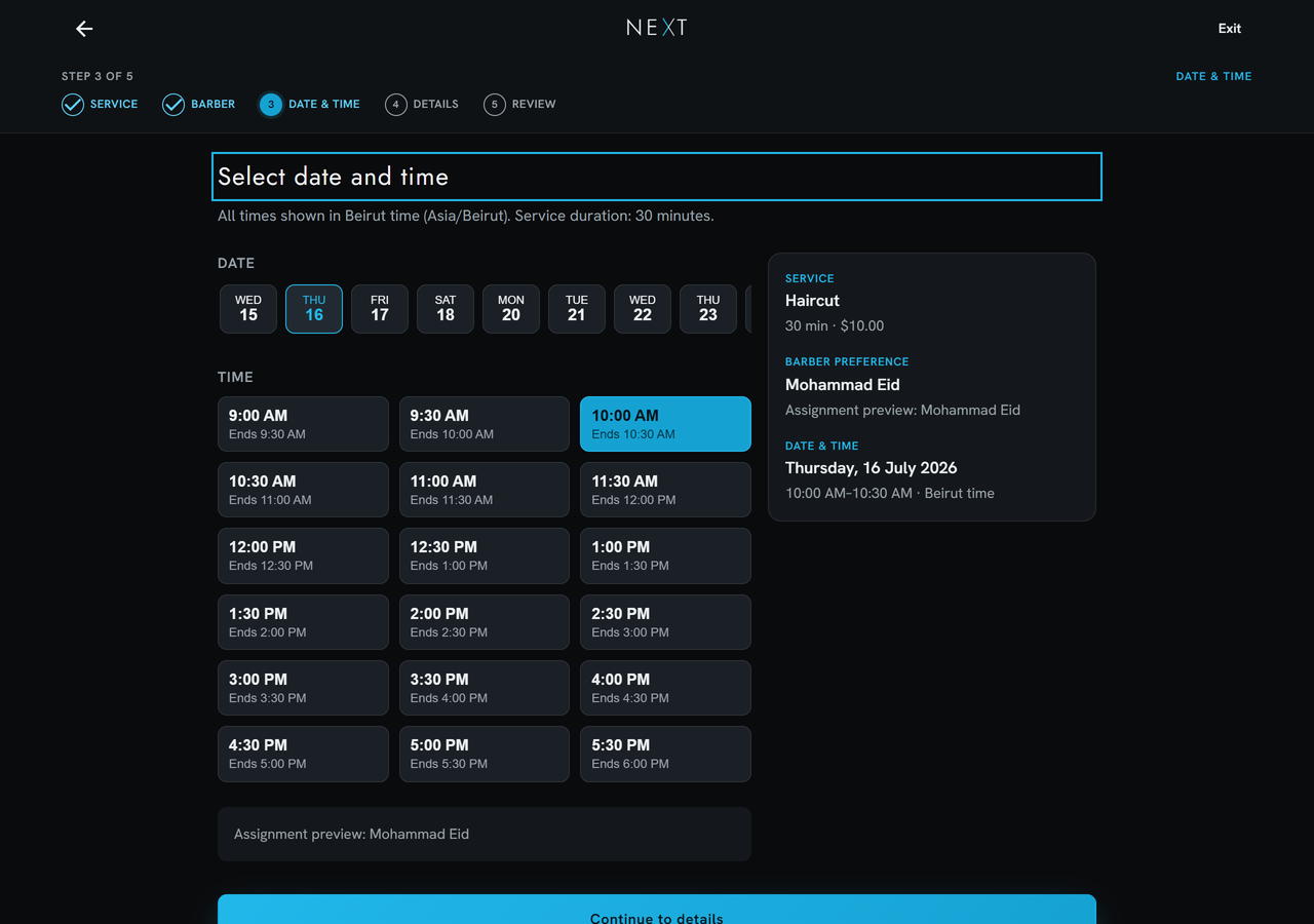 NEXT booking step 3: date and time slots with a live booking summary