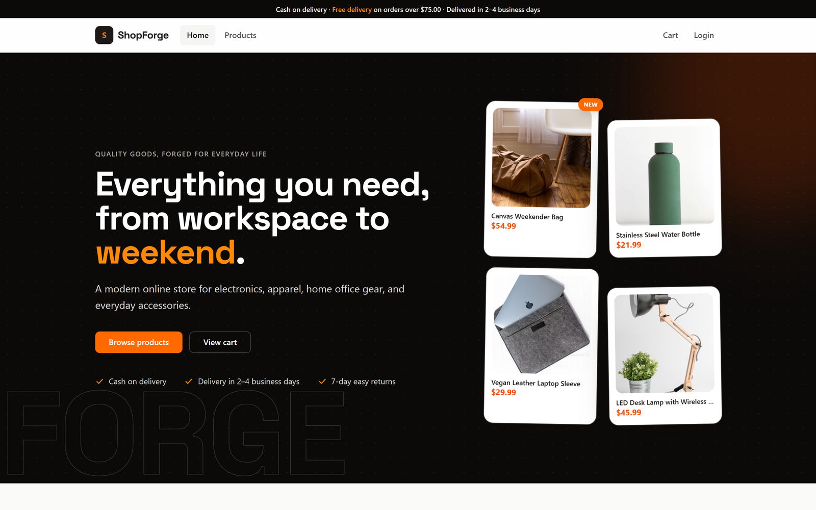 ShopForge demo store homepage with product catalog and cart